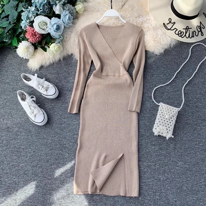 YuooMuoo 2024 Autumn Winter Women Knitted Dress Luxury V-neck Slim Waist Shining Bodycon Dress Office Lady Sweater Vestidos