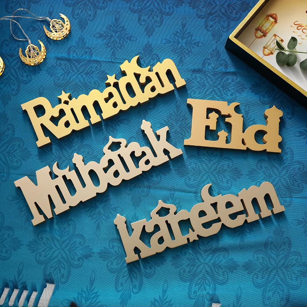 Wooden EID Mubarak Decoration Hollow Letter Ramadan Kareem Ornaments Islamic Muslim Eid Al-fitr Party DIY Decor For Home