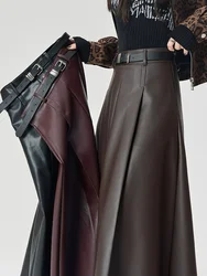 Autumn/winter New Long Leather Skirt Women's Cool Coffee Long A-line Skirt High Street High Waist PU Pleated Umbrella Skirts