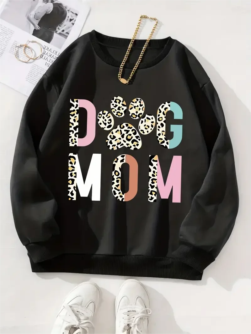 

Dog Mom Print Casual Long-Sleeved Sweatshirt Pullover Loose Crew Neck Sweatshir2024 New Women Clothing Comfort Clothes