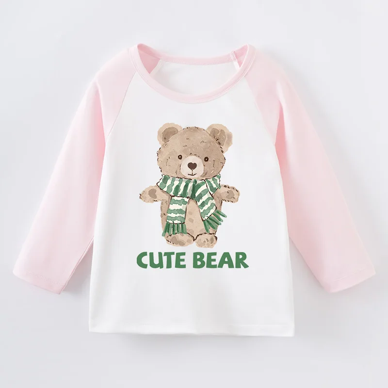 0-4Y Children's Cartoon Cute Scarf Bear T-shirt New Long sleeved O-neck Cotton T-shirt for Children's Spring and Autumn Season