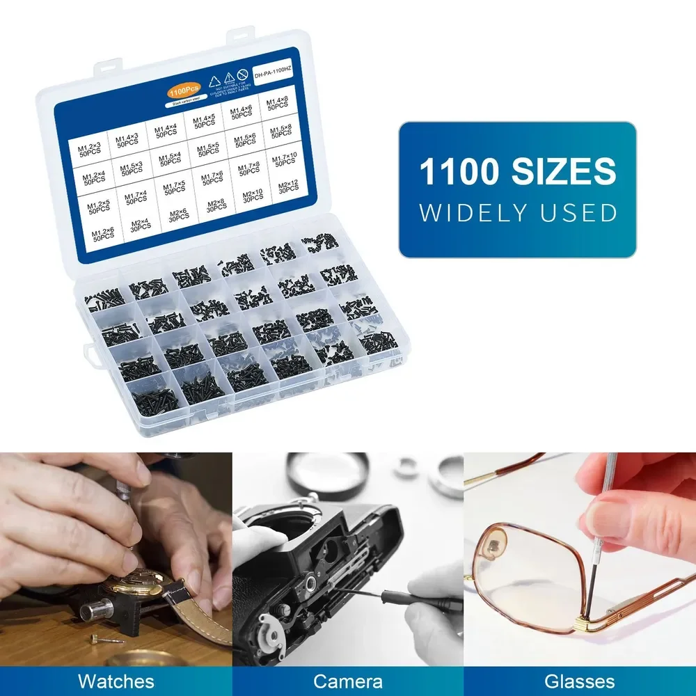 1100Pcs M1.2 M1.4 M1.5 M1.7 M2 Mini Phillips Flat Head Screws Self-Tapping Screw Set Electronics Repair Kit for Laptop Computer
