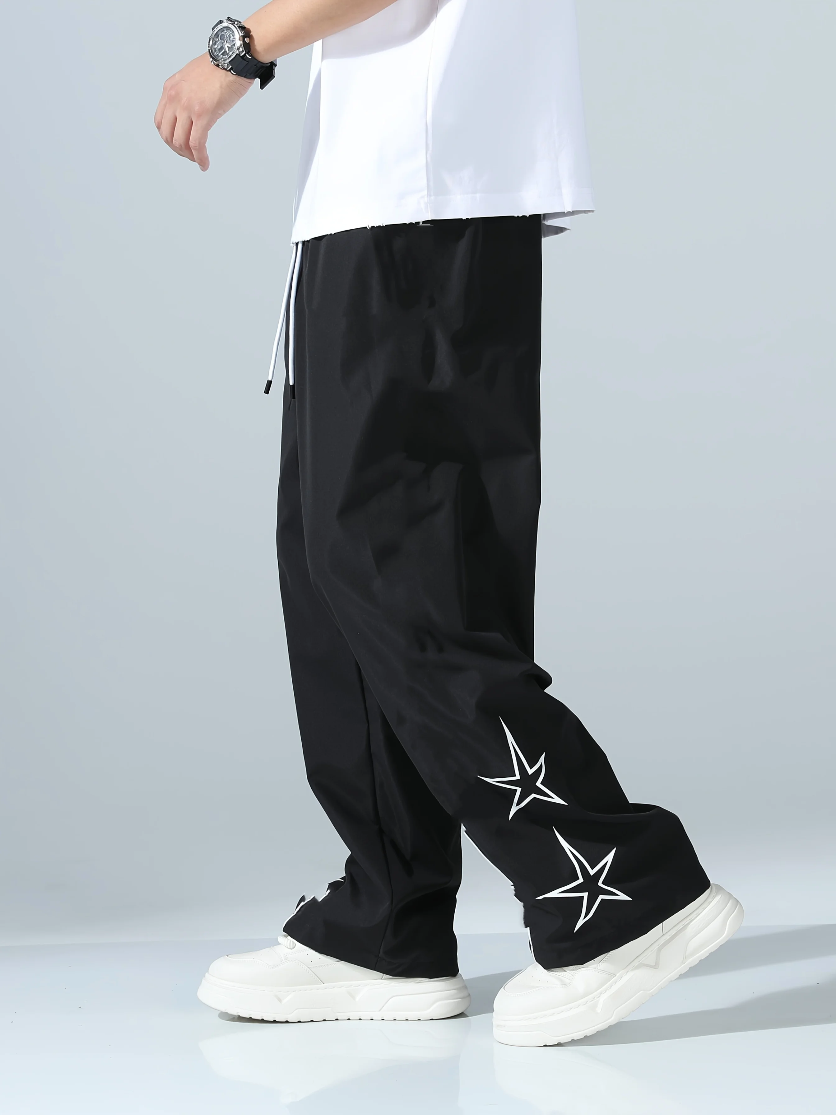 

Men's Casual and Fashionable Sports Pants with White Star Shaped Design, Loose Outdoor Spring and Autumn Sports Pants