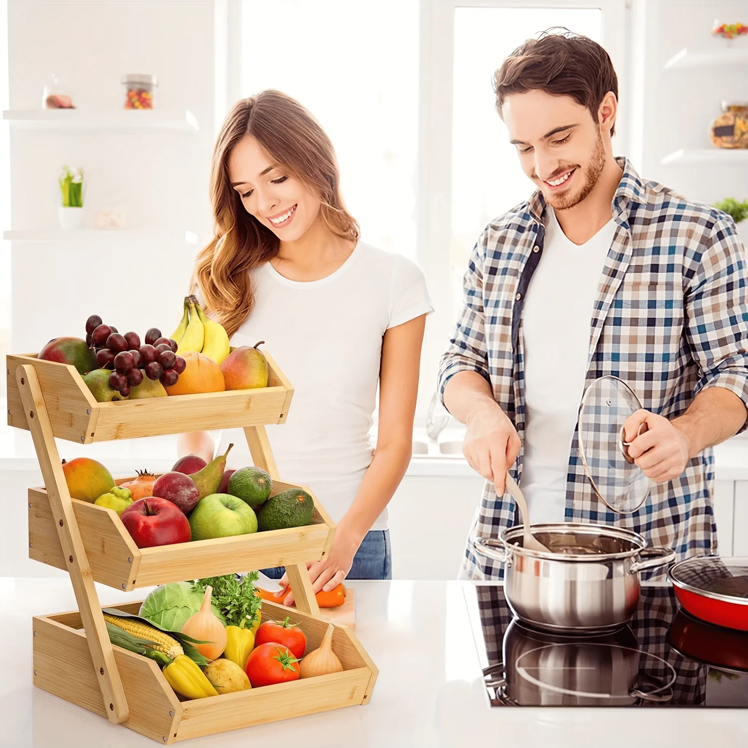 3/2-Tier Wooden Fruit Basket Stand - Large Capacity Kitchen Organizer With Open Slat Design For Vegetables, Bread & Produce| Multi-Level Countertop Storage Shelf - Easy Assembly & Natural Wood Finish