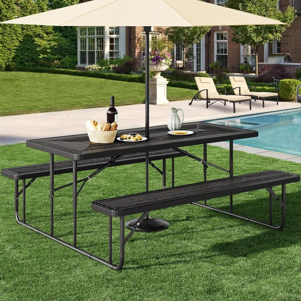 

Folding Picnic Table Rattan Texture, 6FT Outdoor Picnic Table w/Heavy Duty Tabletop & Stable Steel Frame