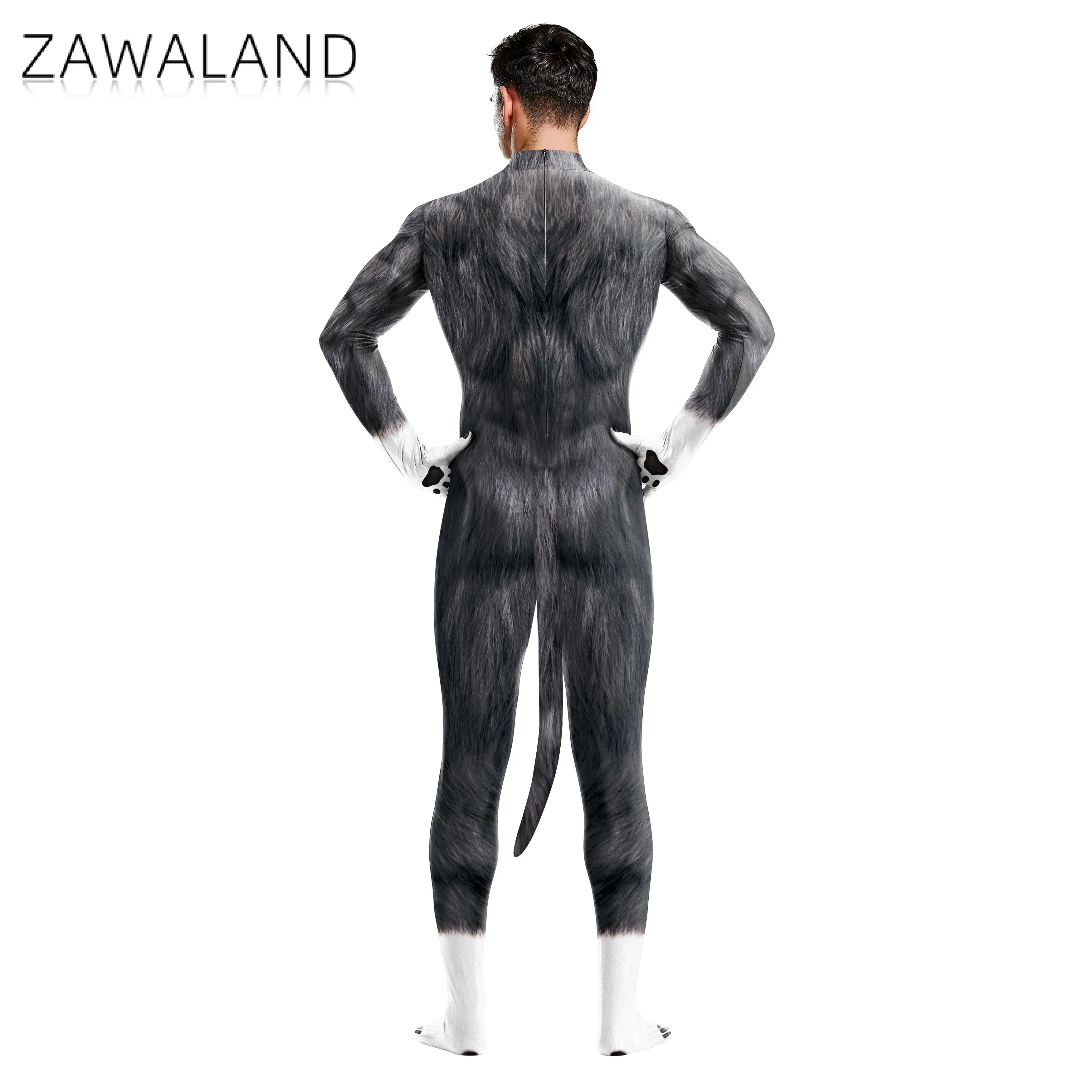 Zawaland Animal Catsuit com cauda Virilha Zipper, Snow Wolf Costume, Halloween Party Cosplay, Disfarce Bodysuit Zentai, Roupa Casal, Bodysuit