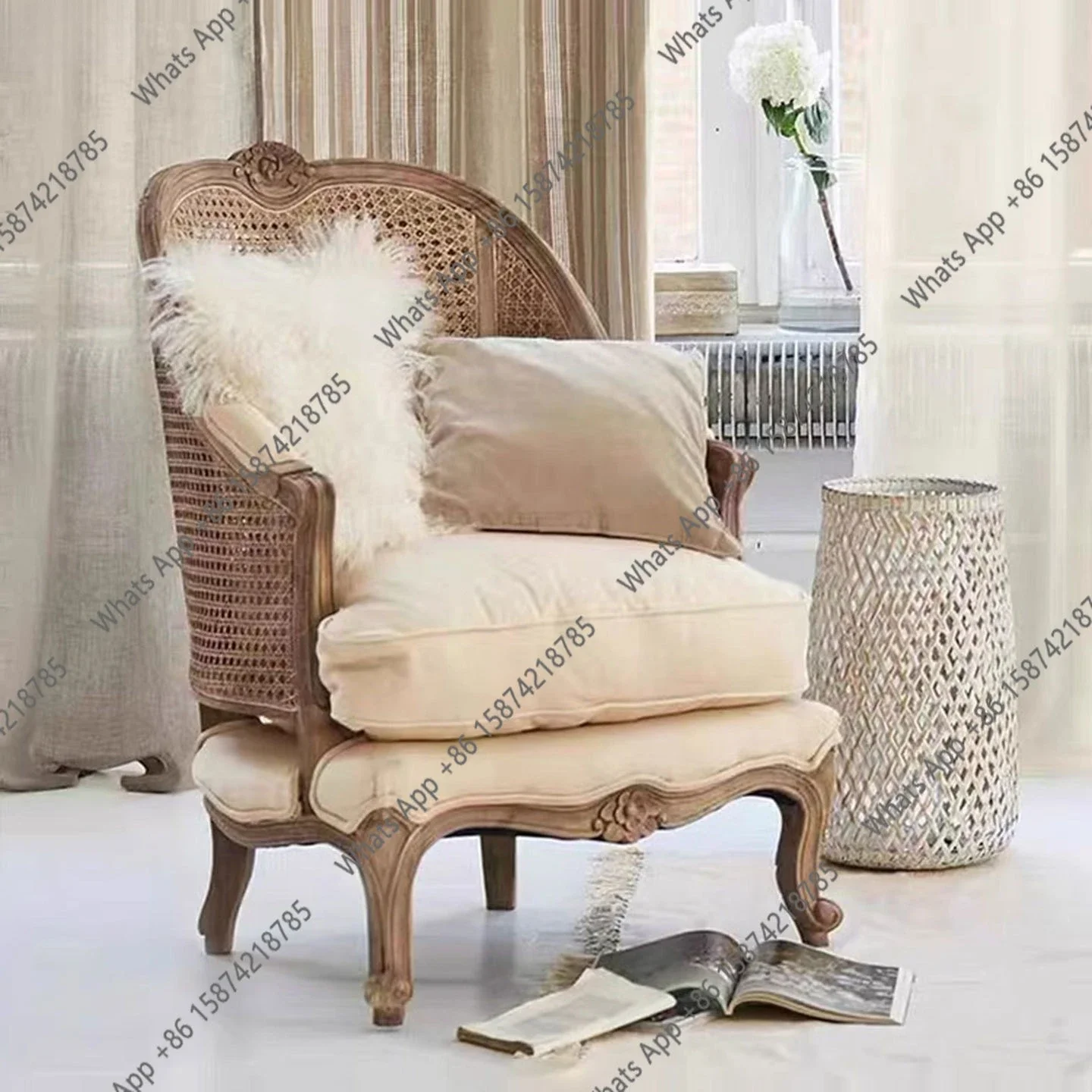 A Solid Wood Braided Rattan Sofa Chair Retro Old Living Room Balcony Single Studio Design Sofa X