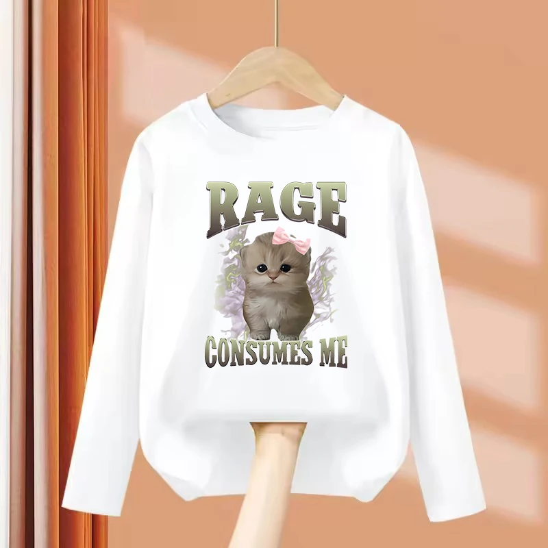 Long Sleeve Retro Ragec Consumes Me Crew Neck Cat Print T Shirts Kids Children's T-shirt Boys Girls Summer Casual Top Tee