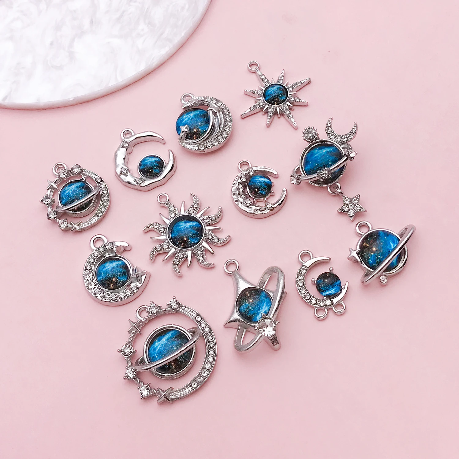 12pcs Alloy Silvery Glass Patch Stars Moon Sun Pendant Jewelry Making DIY Earrings Charms for Jewelry Bracelets Necklace