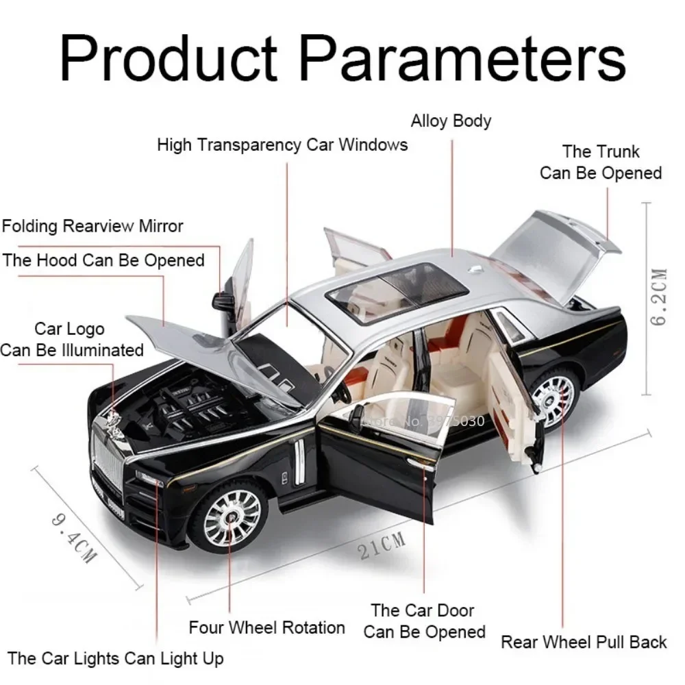 รถของเล่นจำลอง Rolls-Royce Phantom Spectre อัลลอยด์ ขนาด 1:24 ประตูเปิดได้ ดึงหลังวิ่งได้ มีเสียงและไฟ ของสะสมสำหรับเด็ก