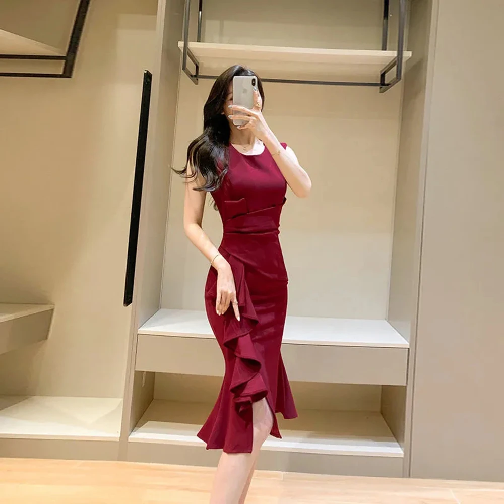 Summer New Fashion Korean Style Sleeveless White Dress Women Elegant Office Ladies Ruffle Solid O-neck Slim Fish Tail Long Dress