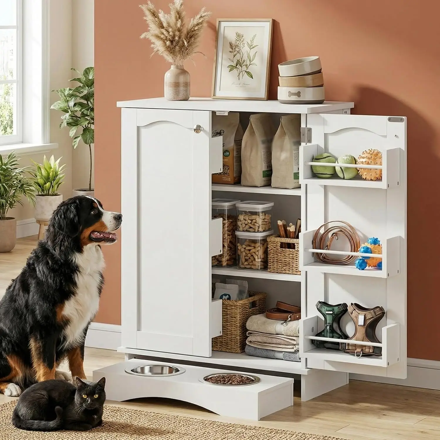 Dog Storage Cabinet with Bowls, Pet Food Storage Cabinet with Adjustable Shelves, Hidden Dog Feeding Station with Hooks, Letter