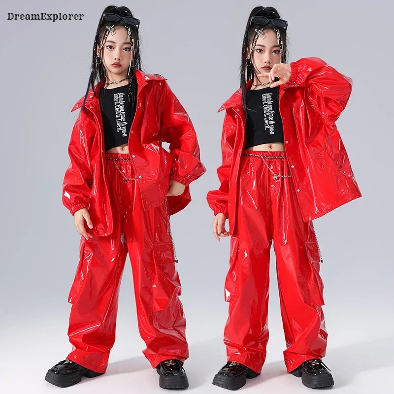 Ragazzi Hip Hop Giacca di pelle fresca Pantaloni cargo da ballo di strada Ragazza K-pop Set di vestiti Bambini Bambino Adolescenti Moda Jazz Lucido Streetwear