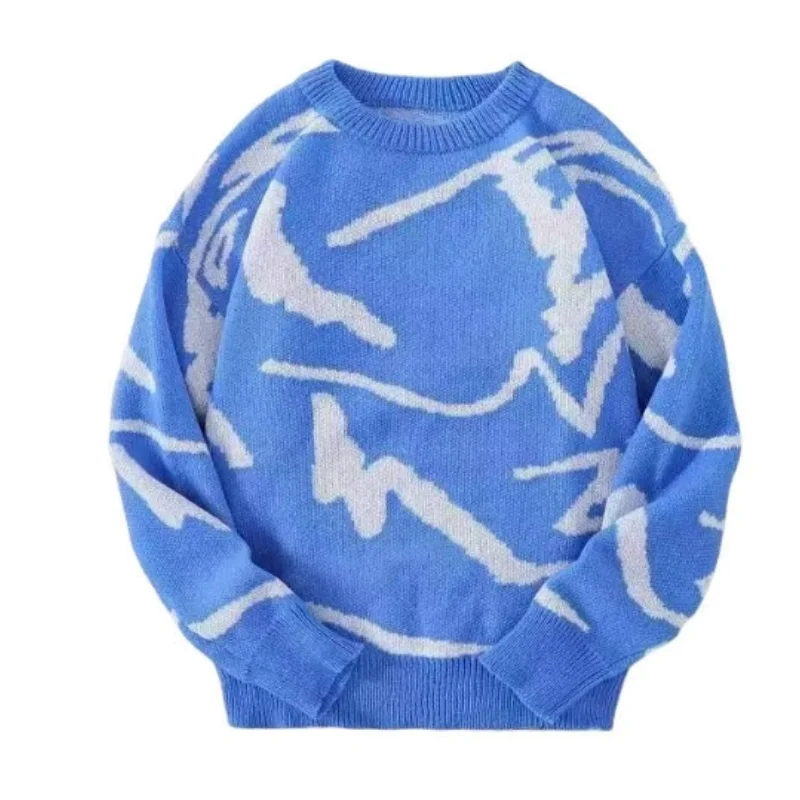 Men & Women Long Sleeve Knit Sweater Autumn Winter Hong Kong Style Round Neck Jacquard Knitwear Couples' Printed Sweater