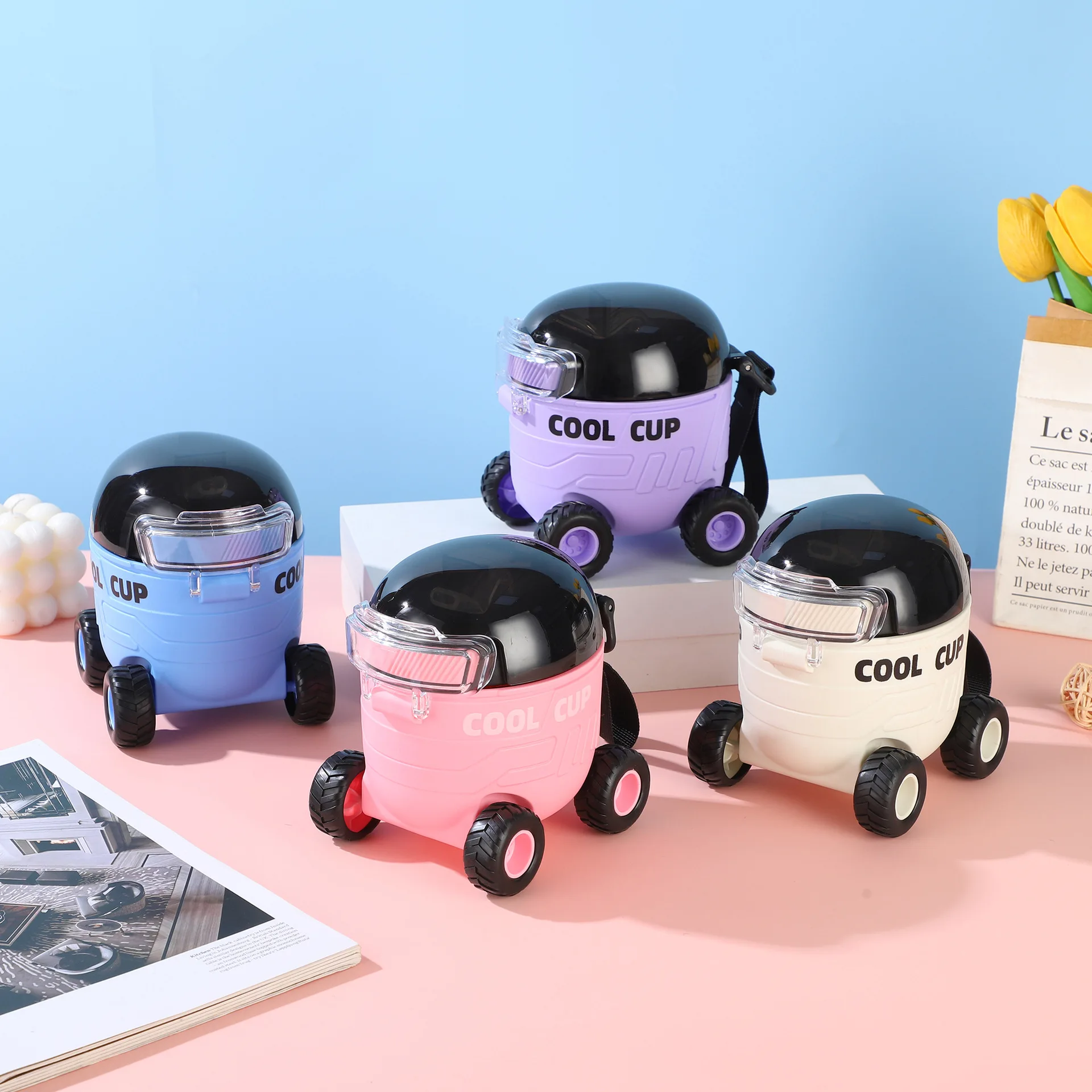 Portable 550ml Car-Shaped Water Bottle with Wheels Cute Leakproof Kids Sippy Cup with Strap Fun Cool Cup for Boys & Girls