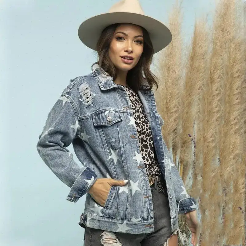 Ripped Holes Women Denim Coat Cardigan Single Breasted Long Sleeve Loose Spliced Turn Down Collar High Street