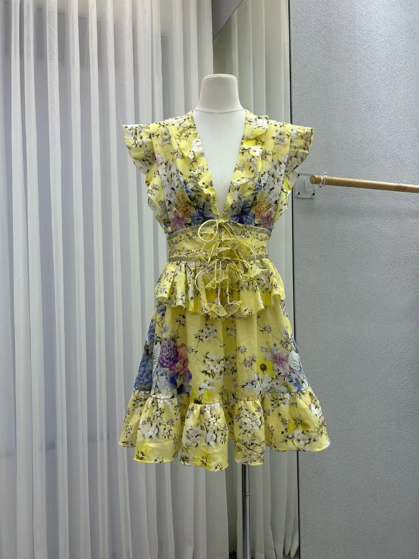 زهرة طباعة المرأة سترة صفراء فستان كريستال مطرز الخامس الرقبة تحلق كم عالية الخصر عطلة السيدات 100% الكتان رداء صغير #2