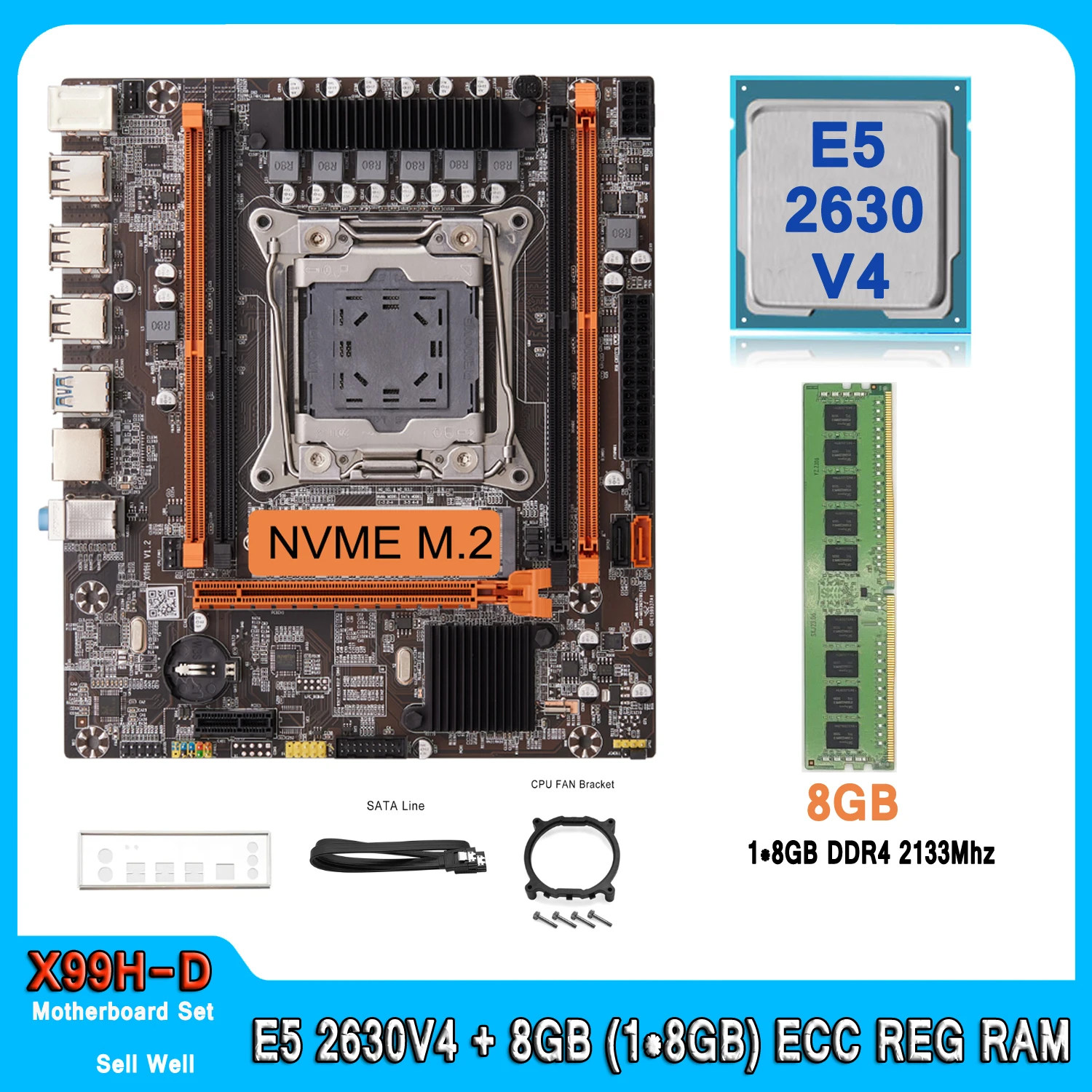 

X99 Motherboard Set Kit With LGA2011-3 Xeon E5 2630 V4 CPU DDR4 8GB (1*8GB) 2133MHZ RAM Memory NVME M.2 SATA 2630V4 Set