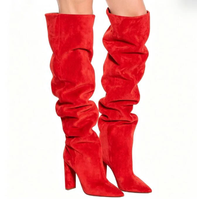 Fashion Solid Grey Red Ginger Yellow Faux Suede Knee High Boots Chunky High Heel Pointed Toe Long Knight Boots