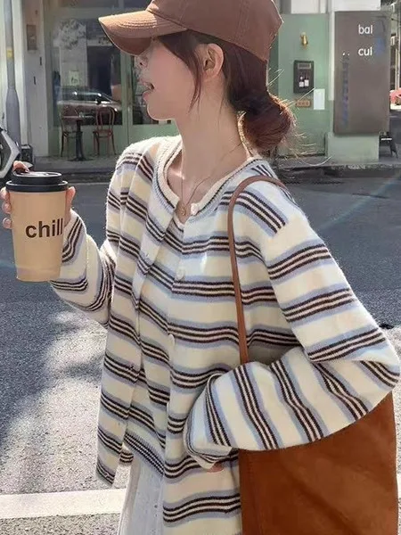 

Ранняя осень, корейский полосатый вязаный кардиган и топ-труба, комплект из двух предметов, цветная блузка, облегающий универсальный повседневный костюм