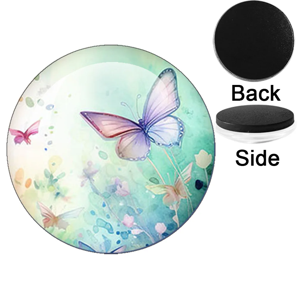 6 Pcs/Set part1 Colorful Butterfly Round Glass 25MM-50MM Refrigerator Magnet For Decoration Kitchen, Office Dry Wipe Board