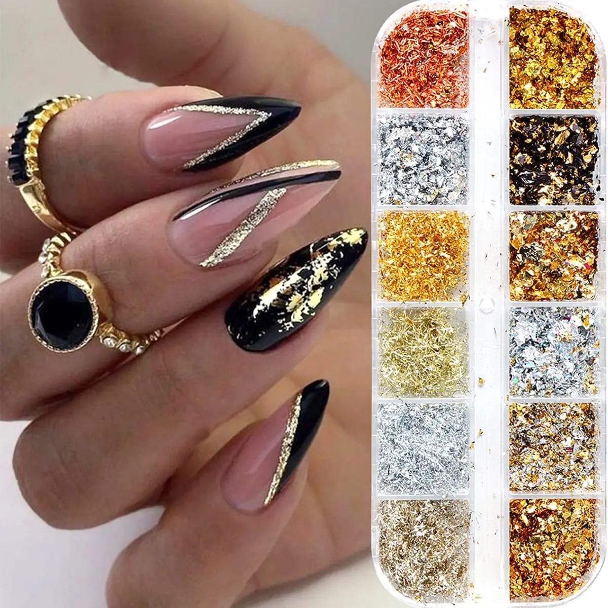 Holographic Nail Glitter Gold Foils for Kit, 12 Grids Sparkly Ultra-Thin Aluminum Foil Nail Art Flakes Designs, Powder Nail Glitters Sequins Acrylic Supplies DIY Manicure Charms Decorations, for Women