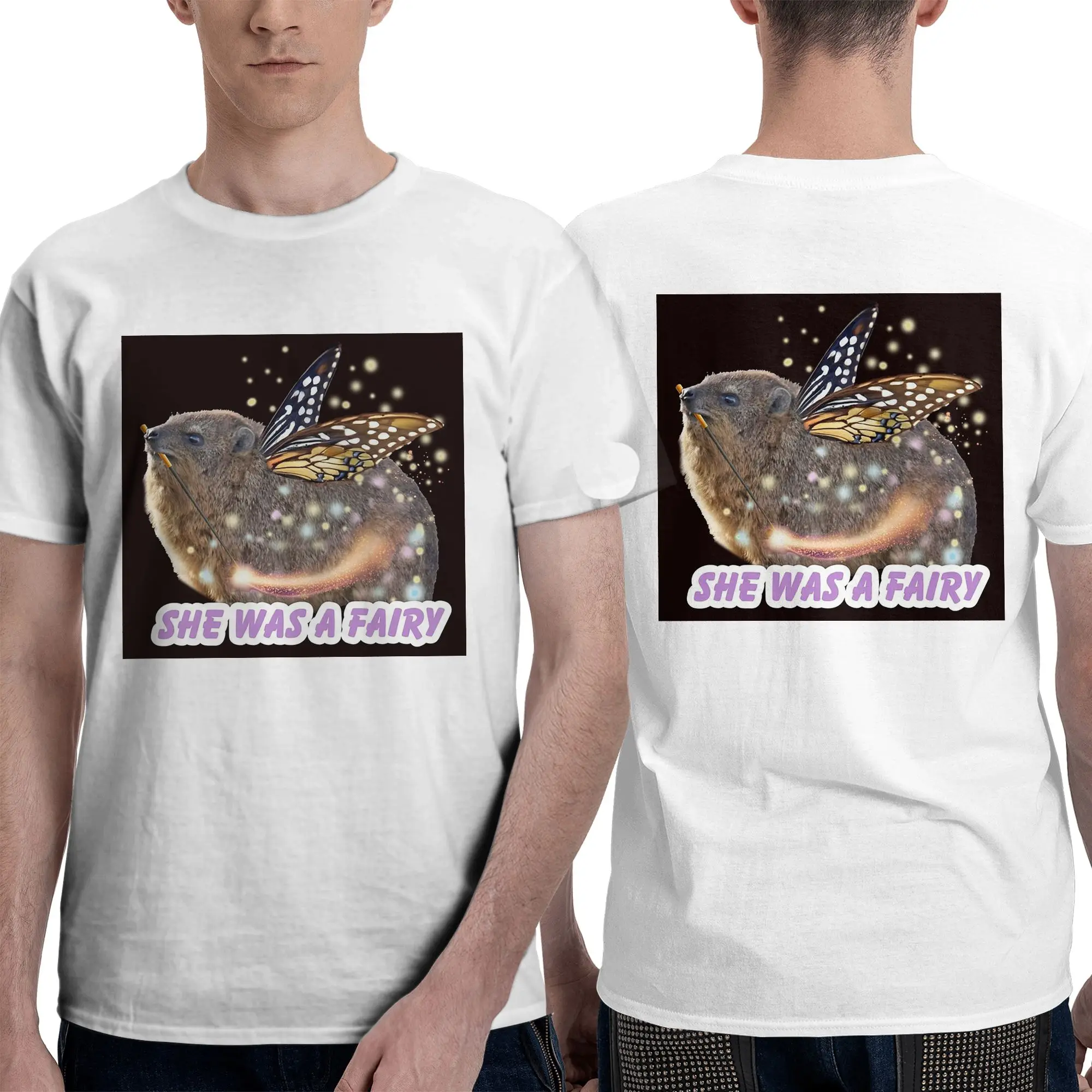 100% Cotton Rock Hyrax Fairy T-Shirt Men's Double Sided T Shirt Men Round Neck Summer Shirts Tops Oversized