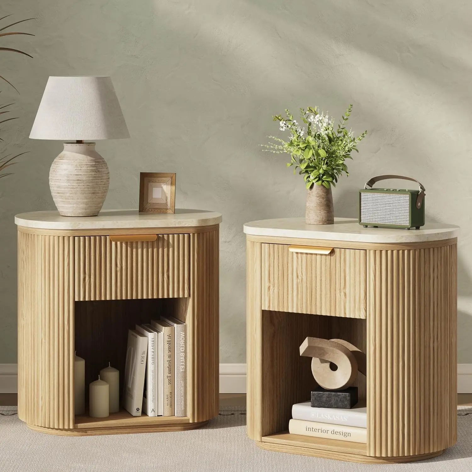 Round Marble Bedside Table Organizer With Storage Drawer For Bedroom Living Room Sofa Couch, Fluted Modern Farmhouse Accent End Table, Oak, Two Pieces