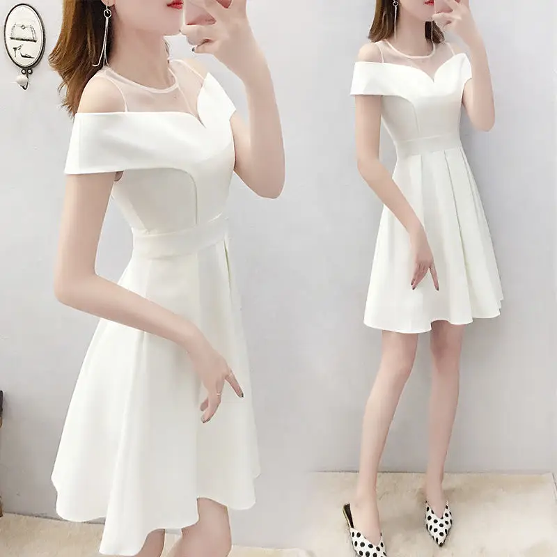 2024 Spring/Summer New White One Shoulder Dress Small and Fresh Slim Fit A-line Skirt Medium Length Style