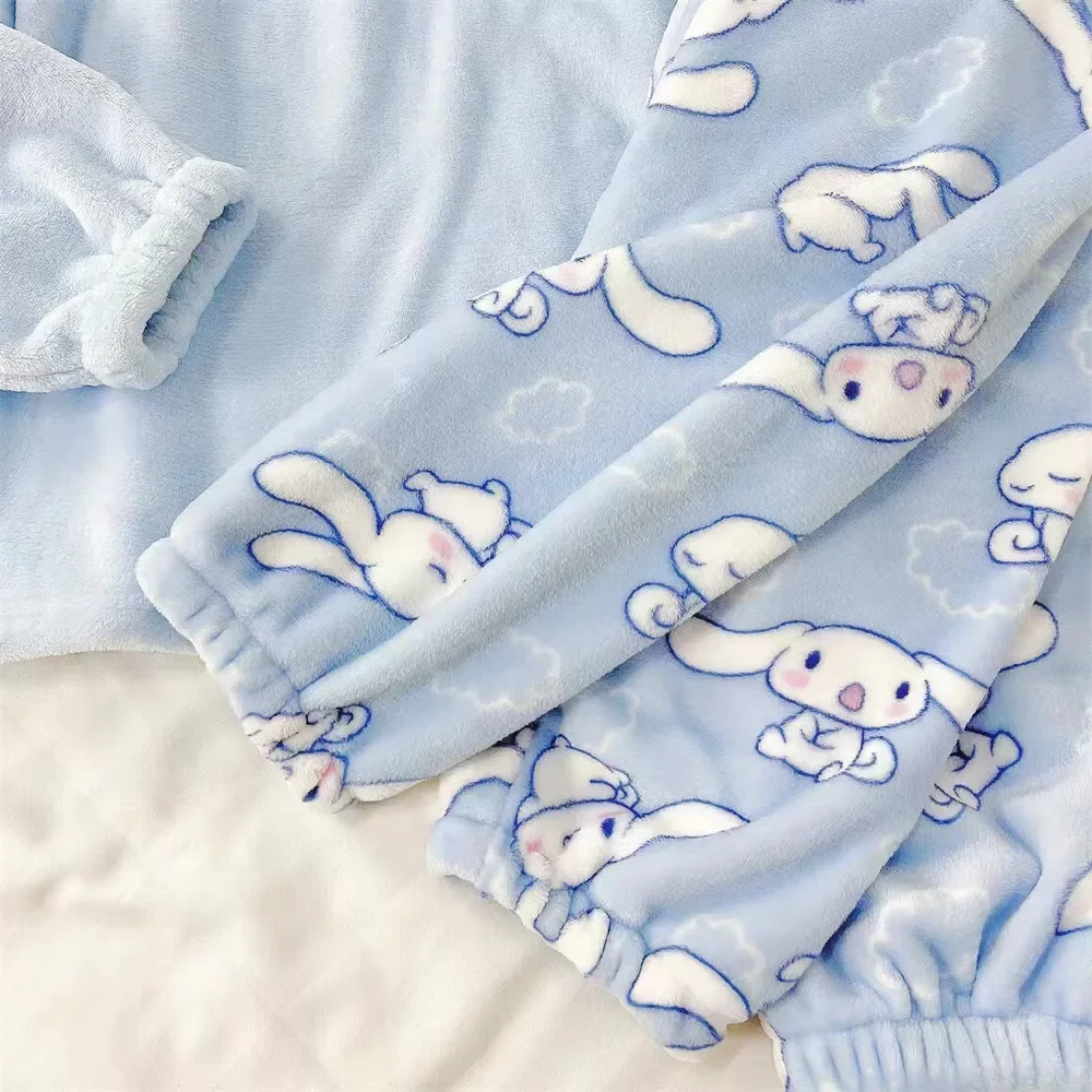 Sanrio Anime Cinnamoroll Kuromi Pajamas Kawaii  Flannel Pullover Coral Velvet Winter Warm Cute Pajamas Homewear Girl Gifts