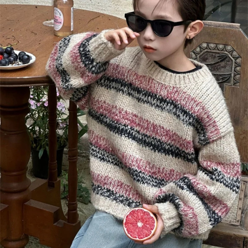 Boys Woolen Sweater Crochet Cotton Windbreak 2024 Lovable Autumn Winter Thicken Christmas Gift School Warm Children's Clothing