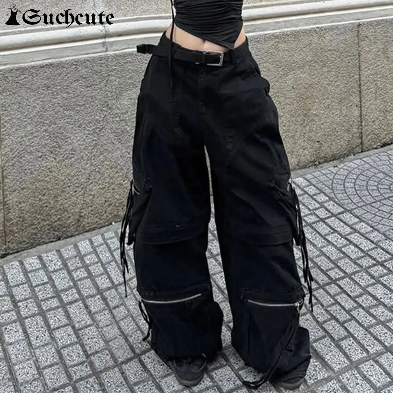 

SUCHCUTE Retro Streetwear Loose Cargo Jeans Y2k Aesthetic 2000s Denim Trousers Women Black Pants Ropa Mujer Harajuku Clothes New