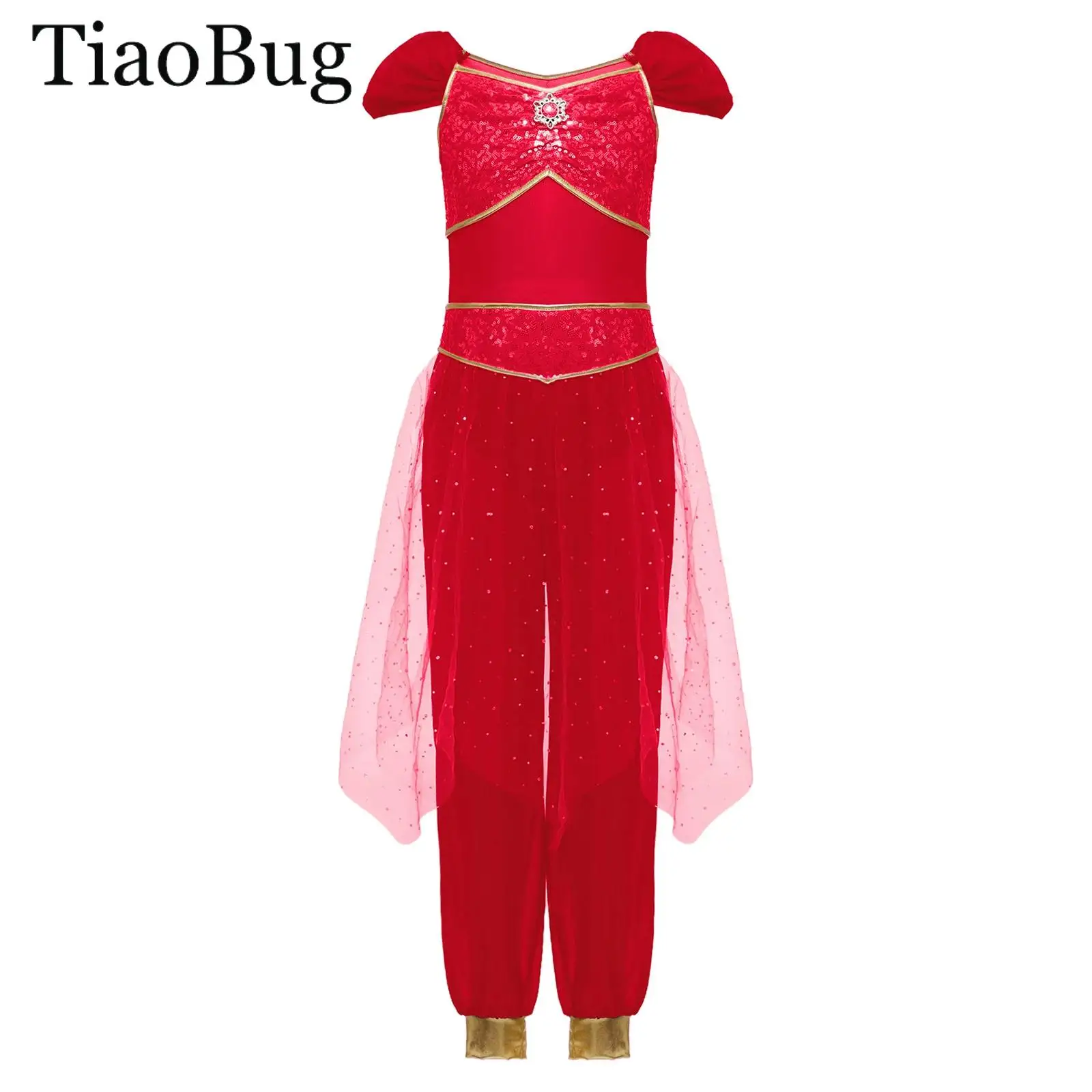 

Halloween Fancy Cosplay Arabian Princess Costume for Girls Belly Dance Jumpsuit Shiny Rhinestone Sequined Tulle Overlay Rompers