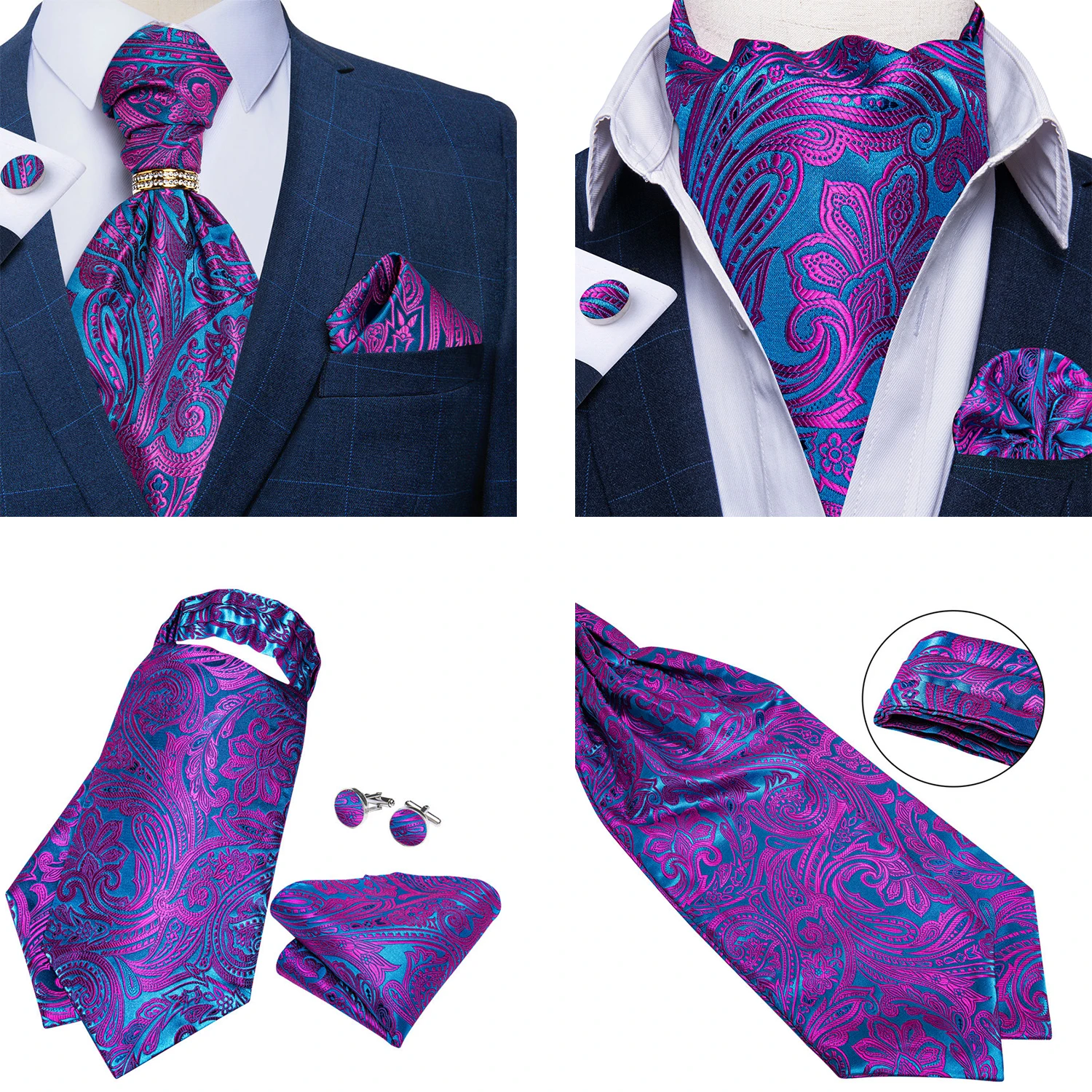 Luxury Men Green Blue Paisley Ascot Tie Set Solid Necktie Ring Wedding Party Cravat Purple Ties Pocket Sqaure Cufflink Free Ship