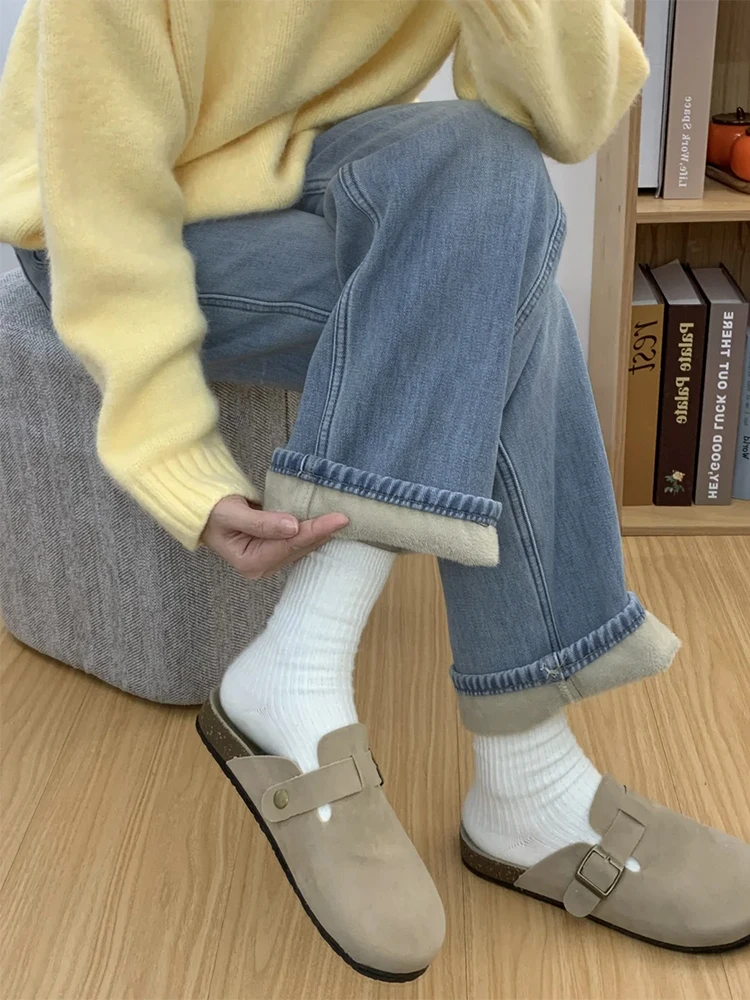 

plus Size Fleece Lined Thick Denim Pants Women High Waist Loose Wide Leg Floor Length Jeans Casual Wear All Seasons