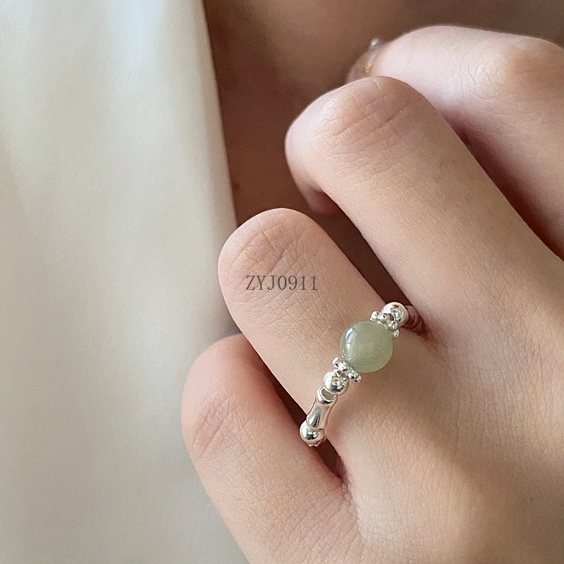 خاتم من الفضة الإسترليني من الخيزران المكسور من اليشم الهيتي مصنوع يدويًا مطرز بحبل مرن صيني جديد