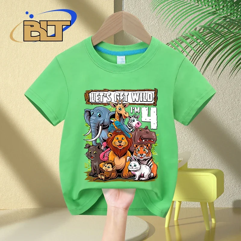 Camiseta infantil de algodão de manga curta, estampa safari, presente de aniversário infantil de 4 anos, verão