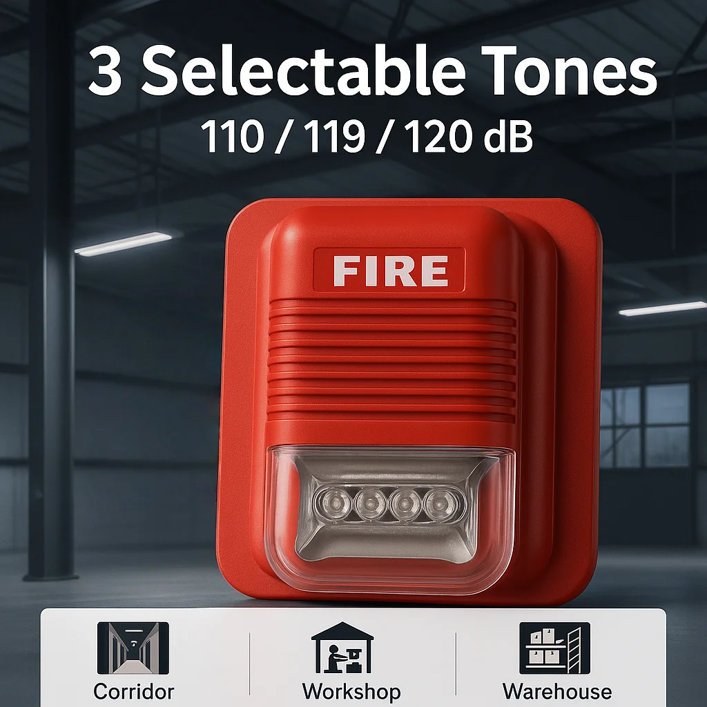 120dB Fire Alarm Strobe · High-Intensity 6-LED Flash · Wide-Angle Warning Light · Low-Power DC9–24V for Home & Industrial Use