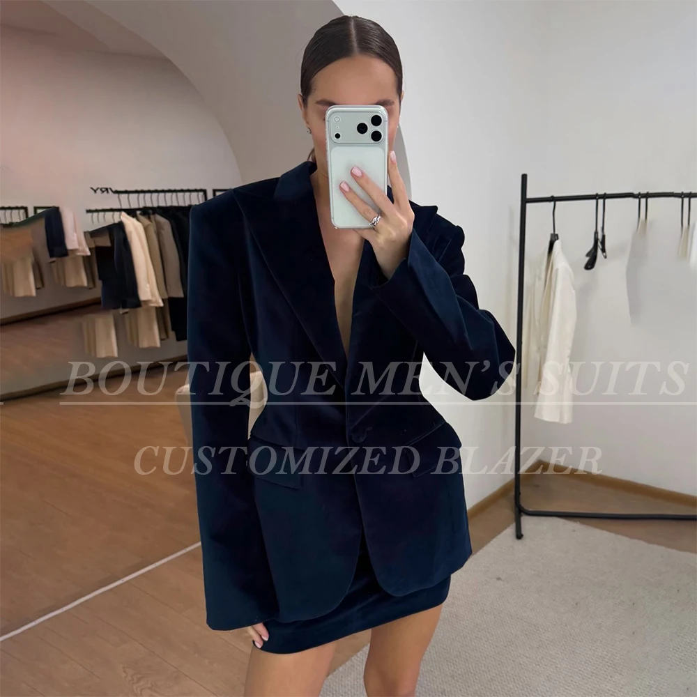 

Navy Blue Women's Dresses Suits Velvet Single Breasted Peak Lapel Outfits Luxury 2 Piece Jacket Skirts Office Evening Clothing