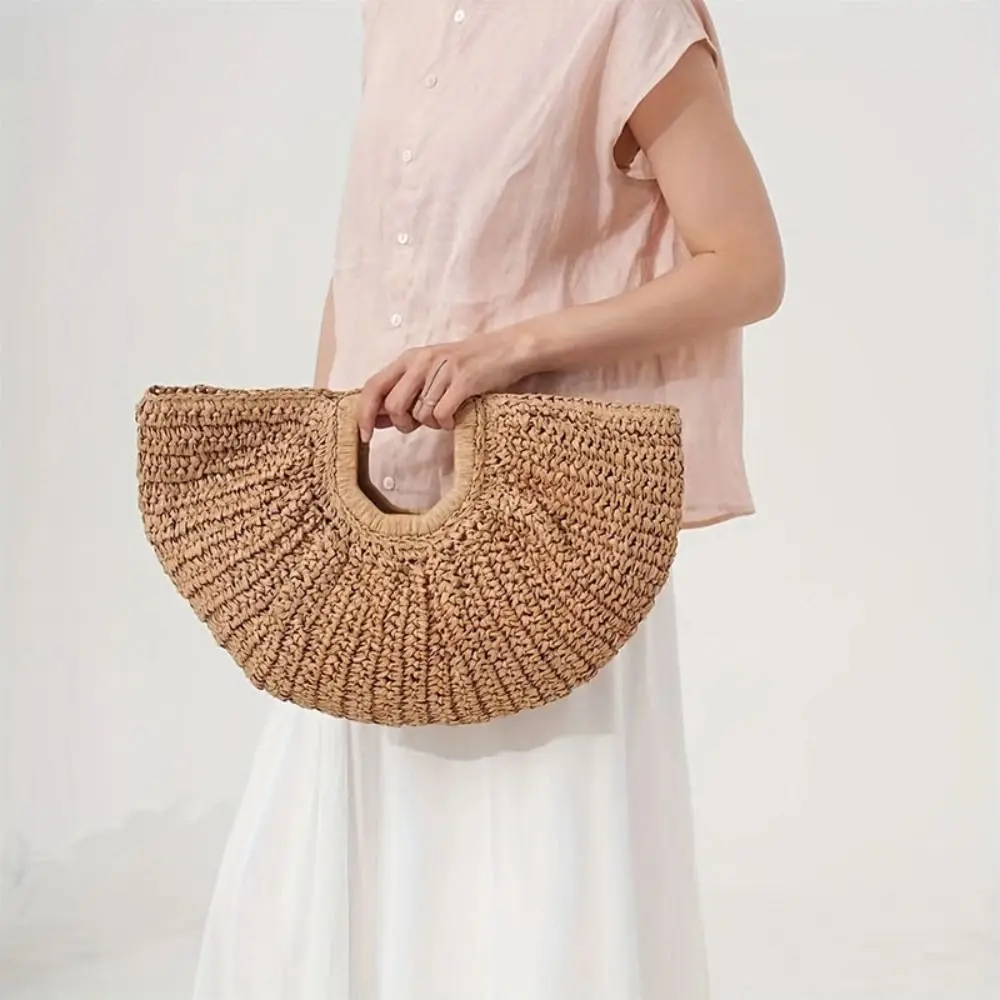 

Trendy Large Capacity Lafite Straw Bag Half Moon Handmade Grass Woven Bag Seaside Pack Simple Weave Tote Bag Women