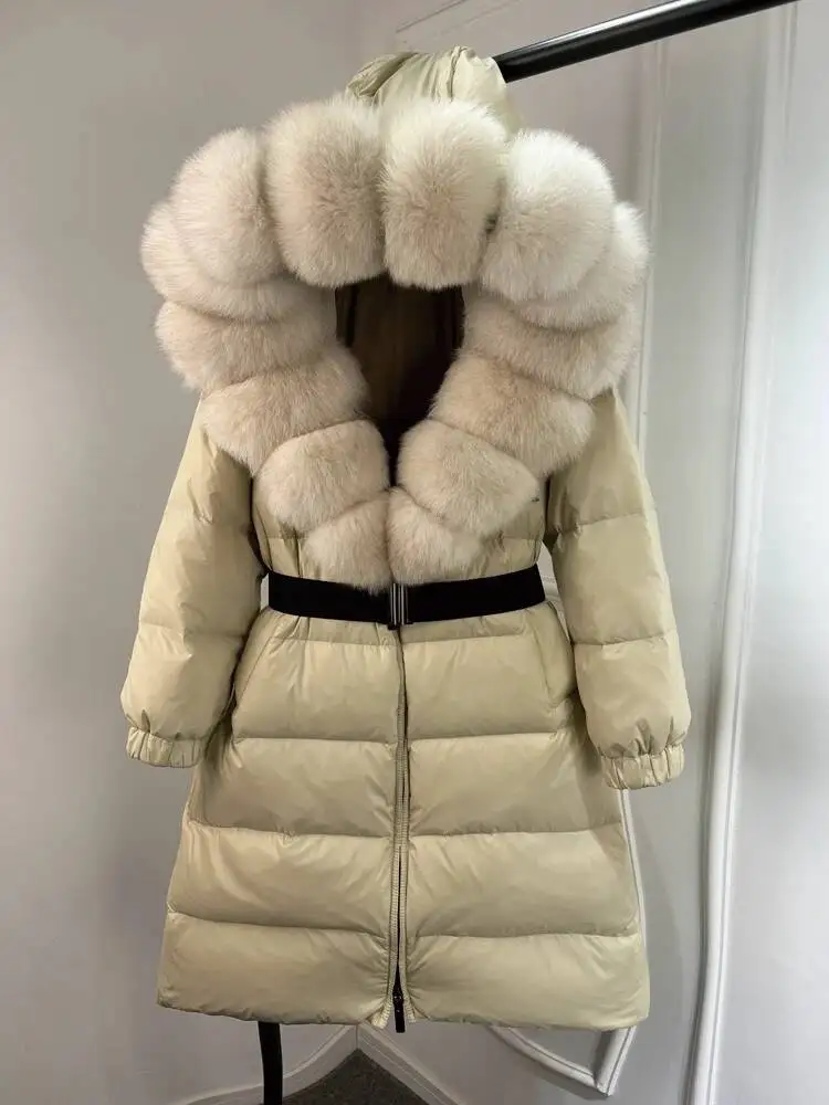 Janveny New Natural Thick Warm 90% White Duck Down Coat Long Winter Jacket Women Real Big Fox Fur Collar Belt Loose Puffer Parka