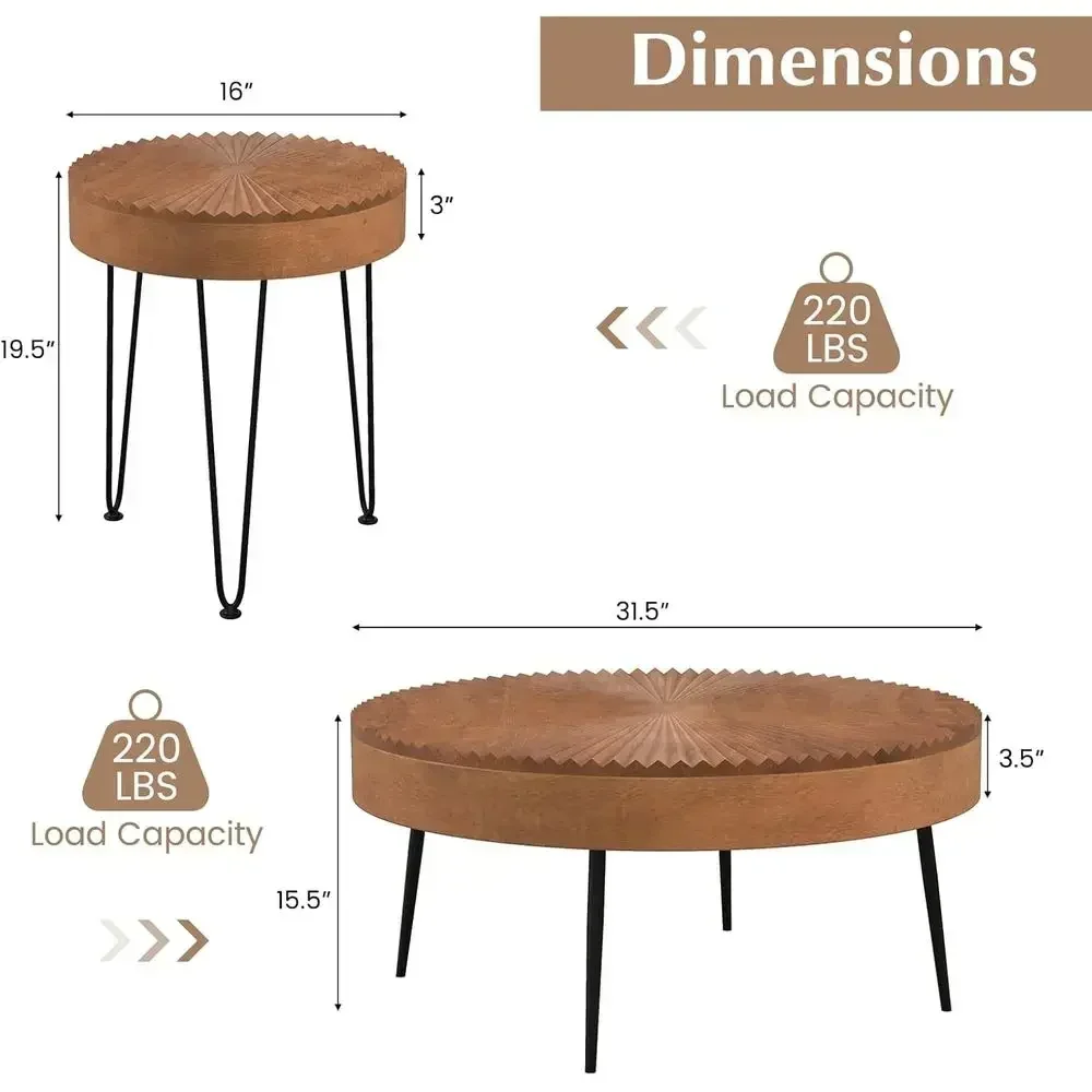 Round Coffee Table Set of 2 with Solid Pine Wood Top, Metal Legs, Adjustable Foot Pads, 31.5 Diameter for Living Room (Radial, B