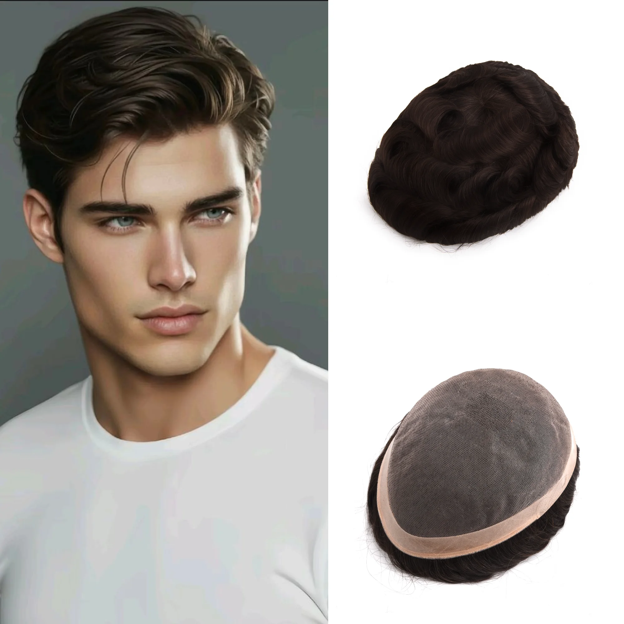 Wigs for Mens Toupee Hair Replacement System Mono Lace With Reinforce Lace Systems Size 8×10 Inch 6 Inch