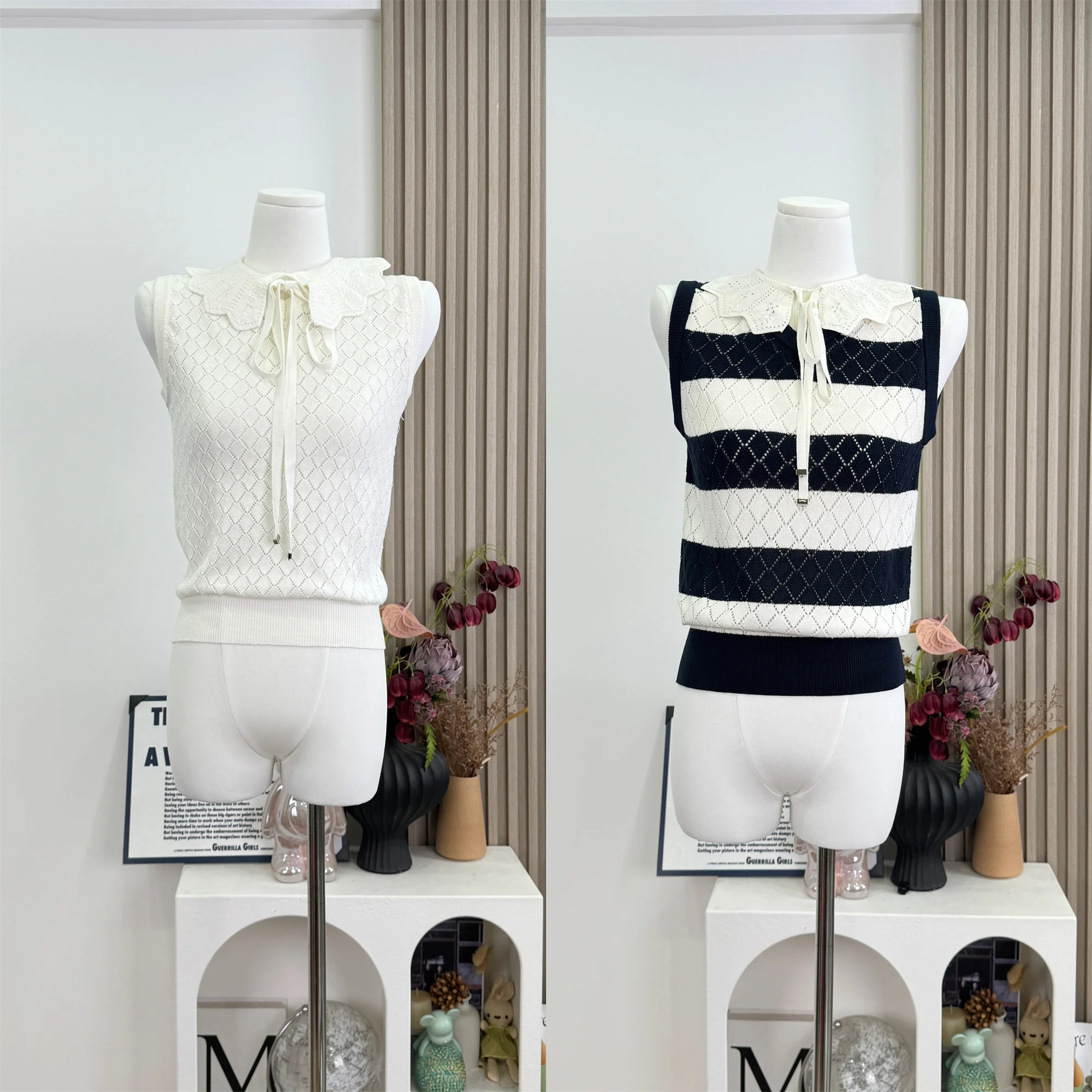 

Summer 2026 New Style Casual Knitted Vest Tank Tops Women Peter Pan Collar Sleeveless Top Black White Striped Tops J184