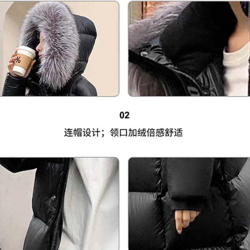 Jaqueta de penas de ganso de alta qualidade feminina inverno 2025 nova gola de pele de raposa casaco com capuz preto feminino grosso longo parker casaco