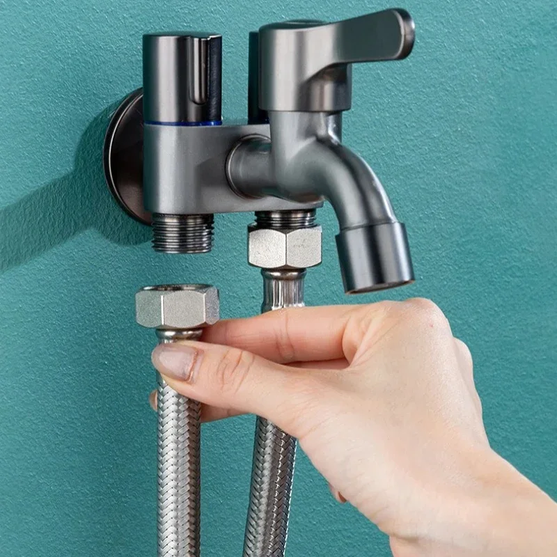 

Stainless Steel Bathroom Faucet Washing Machine Water Tap Angle Valve Diverter Multifunction Balcony Mop Pool Faucet Gun Gray