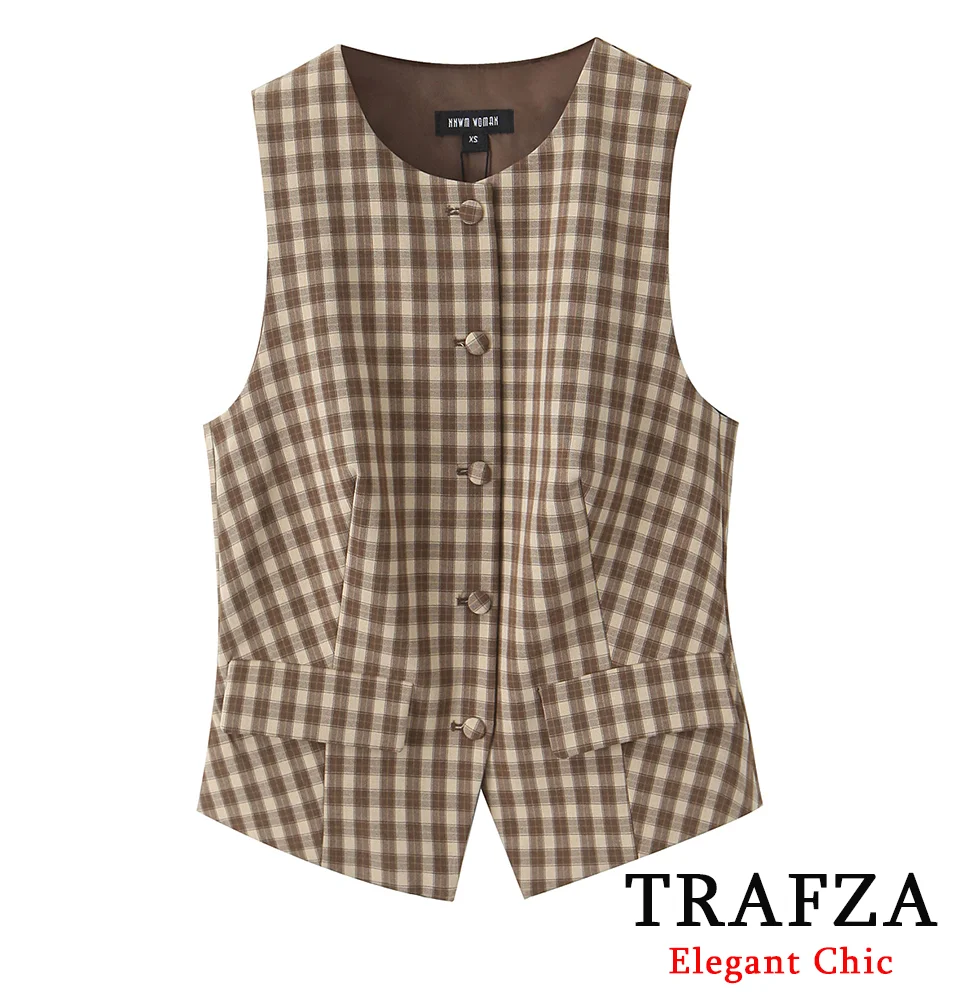 TRAFZA-Women Vintage Brown Plaid Vest O-Neck Buttons Slim Vest New 2025 Fashion Spring Summer Casual Sweet Picnic Style Vest