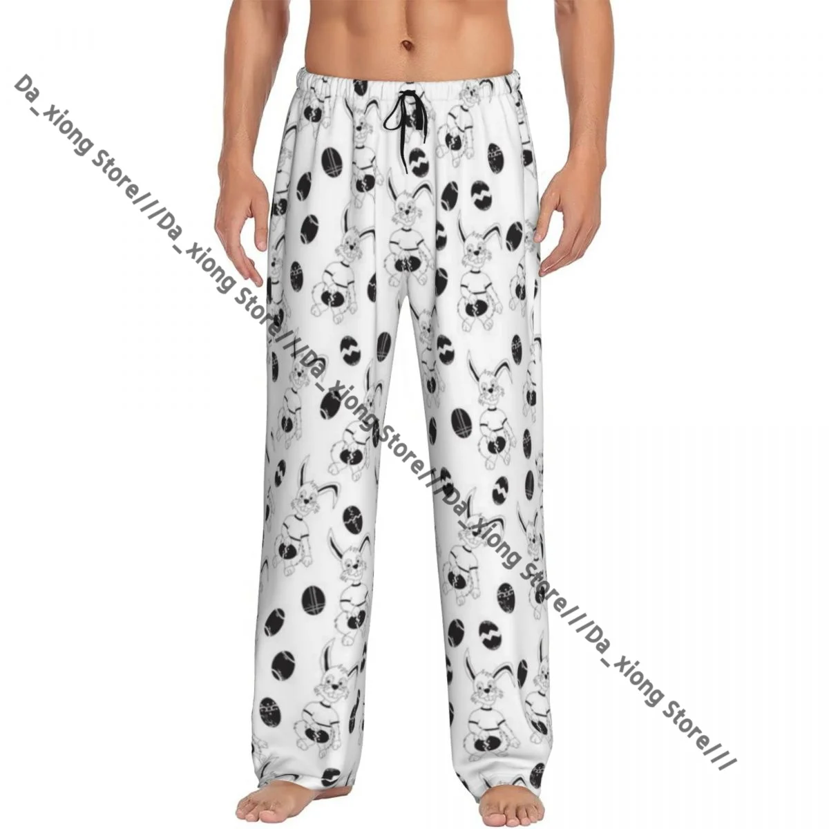 Mens Casual Pajama Long Pant Loose Elastic Waistband Easter Bunny Pattern Cozy Sleepwear Home Lounge Pants