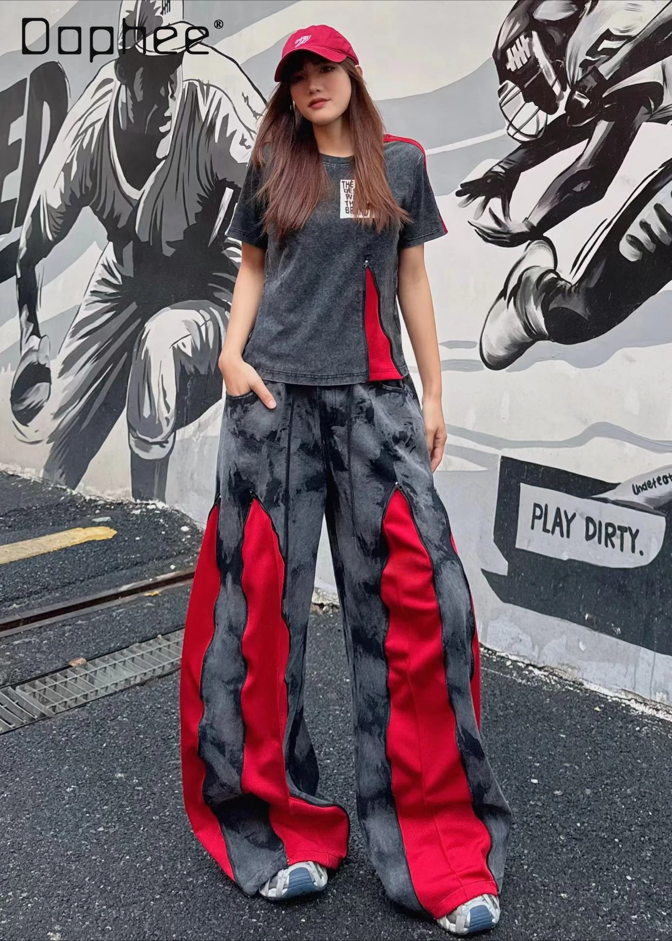 European Style Women's Jeans 2026 Spring New Heavy Zipper Pleated Color-Block Design Loose Trendy Long Pants