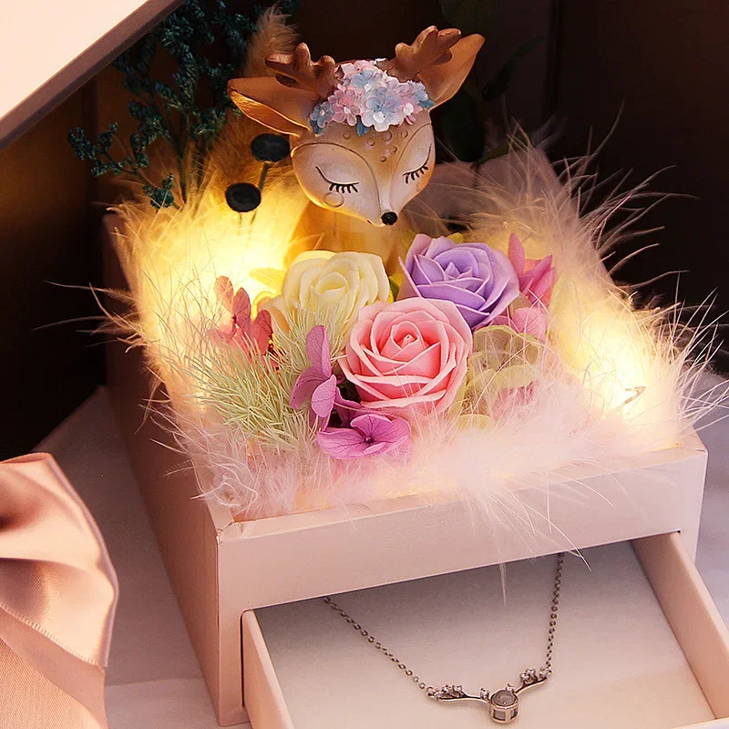 

Birthday Valentine's Mother's Day Wedding Anniversary necklace gift box deer rose soap flower Artificial flower bouquet for gift